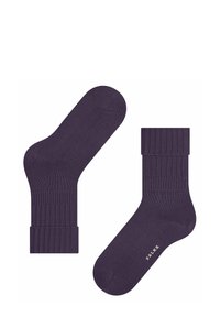 Due calze viola scuro esposte affiancate, con polsini a coste e una texture liscia, marchiate "FALKE" su una calza.