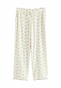 Light cream pajama pants made of soft fabric with an elastic waistband, featuring a drawstring and a repeated bow pattern. Scalloped hem.