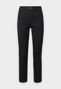 Black denim jeans with a straight cut, five-pocket design, and a button closure. Fabric has a smooth texture and slight stretch.