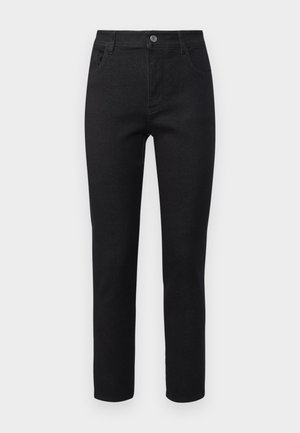 Sorte denimjeans med rett snitt, fem lommer og knappelukking. Stoffet har en jevn tekstur og litt stretch.