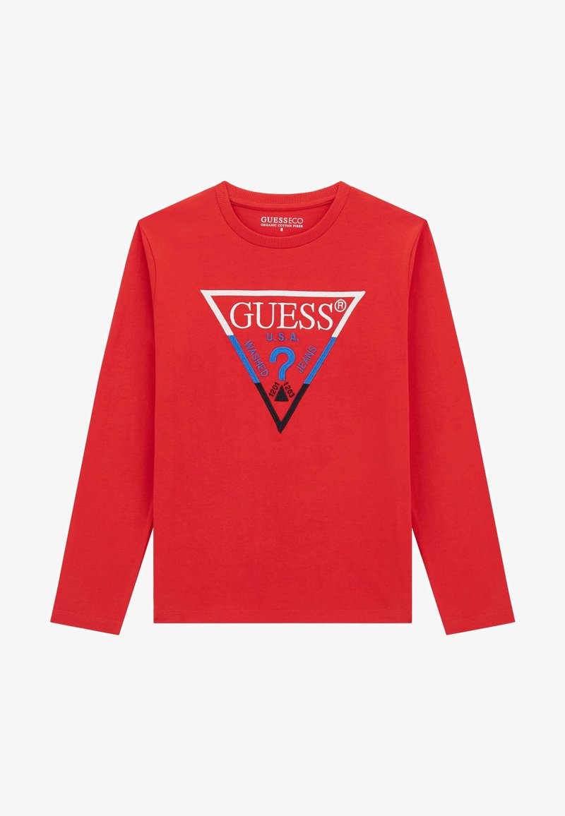 Piros, hosszú ujjú ing, organikus pamutból, háromszög alakú grafikával, amelyen a "GUESS®", "U.S.A." felirat és egy kérdőjel található kék és fekete színben.