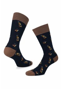Granatowe skarpetki bawełniane z brązowymi ściągaczami i palcami, zdobione kolorowymi wzorami małych butelek na całej powierzchni.