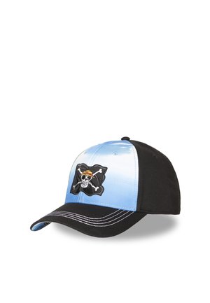 Casquette de baseball noire et bleue avec patch drapeau pirate tête de mort et os croisés sur le devant et coutures blanches sur la visière incurvée.