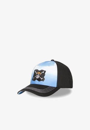 Casquette de baseball noire et bleue avec patch drapeau pirate tête de mort et os croisés sur le devant et coutures blanches sur la visière incurvée.