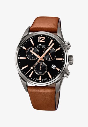 Men’s wristwatch with black dial, rose gold markers, three subdials, date window at 4 o'clock, stainless steel case, and brown leather strap.
