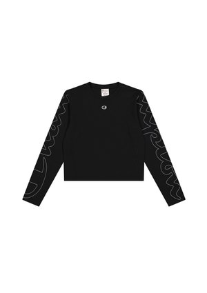 Schwarz Langarmshirt mit figurbetontem Design, ausgestattet mit weißen Wirbelmustern an den Ärmeln und einem kleinen Logo auf der Brust. Weicher Stoff, minimalistischer Stil.