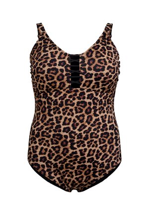 Leopard print one-piece swimsuit with black accents, featuring adjustable straps, a ruched design, and a central textured panel.