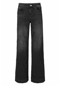 Jeans en denim noir à jambes larges avec un design à cinq poches, fermeture à bouton et coutures contrastées. Texture lisse et coupe décontractée.