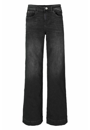 Jeans en denim noir à jambes larges avec un design à cinq poches, fermeture à bouton et coutures contrastées. Texture lisse et coupe décontractée.
