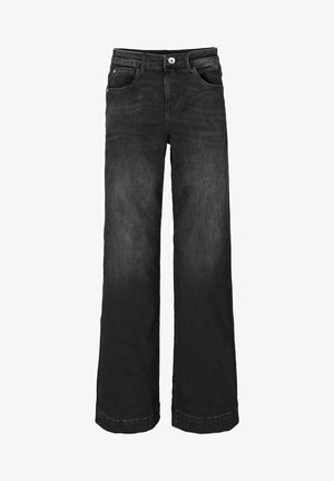 Weite schwarze Jeans aus Denim mit einem Fünf-Taschen-Design, Knopfverschluss und Kontrastnähten. Glatte Textur und lockere Passform.