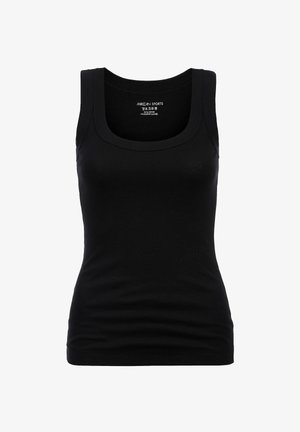 Musta puuvillainen hihaton toppi, jossa on pyöreä pääntie, istuva leikkaus ja leveät olkaimet. Sileä pinta ilman kuvioita.