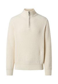 Pullover color crema con colletto a mezza zip, texture a coste, maniche lunghe e orlo aderente per una vestibilità snug.