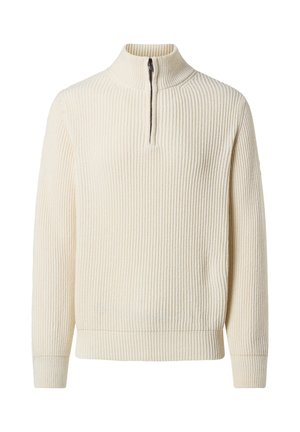 Suéter de color crema con cuello de media cremallera, textura acanalada, mangas largas y dobladillo ajustado para un ajuste ceñido.