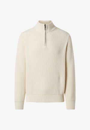 Cremefarbener Pullover mit halbem Reißverschlusskragen, gerippter Textur, langen Ärmeln und einem körpernahem Saum für eine enganliegende Passform.