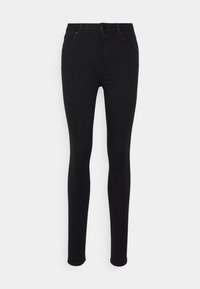 Jeans negros ajustados con botón frontal, lazos para cinturón y bolsillos, mostrados sobre un fondo blanco liso.