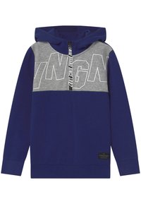 Kinder Kapuzenpullover in Marineblau mit grauer Brustpartie, weißen umrandeten Buchstaben, halbem Reißverschluss und Vingino-Label am unteren Saum.