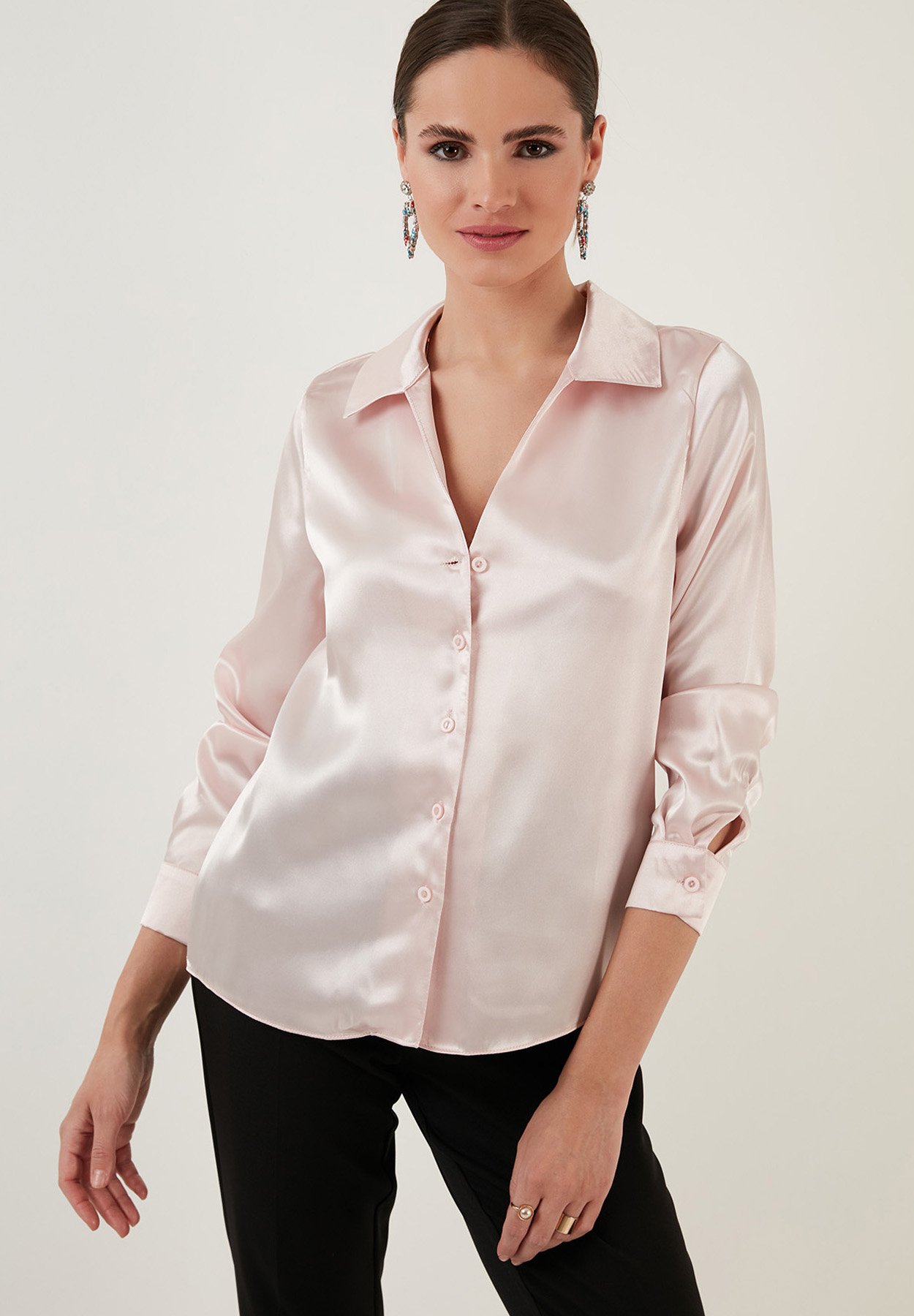 light pink satin blouse