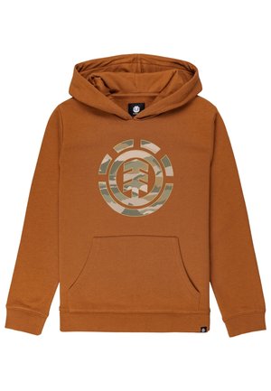Brun hættetrøje med frontkængurulomme og cirkulært camouflage-logo på brystet.