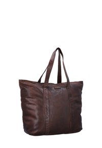 Brown leather tote bag with two shoulder straps, featuring a simple rectangular shape and a smooth texture, showcasing minimal design accents.