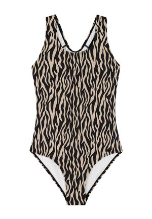 Eendelig badpak met een beige en zwart abstract zebra-patroon en een ronde hals.