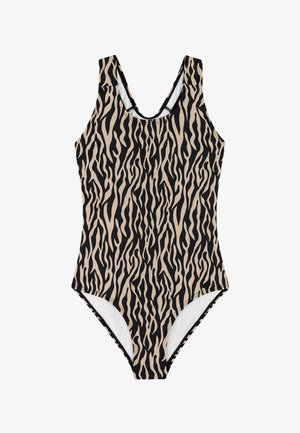 Vienos dalies maudymosi kostiumėlis su smėlio spalvos ir juodos abstrakčios zebros raštu ir apvalia iškirpte.