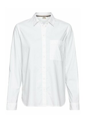 White long-sleeve shirt in a plain design, featuring a button-up front, a single chest pocket, and a classic collar. Lightweight fabric.