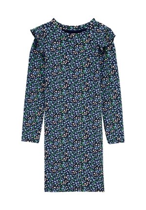Granatowa sukienka z długim rękawem w drobny jasnoniebieski i biały kwiatowy wzór z falbanką na ramionach.