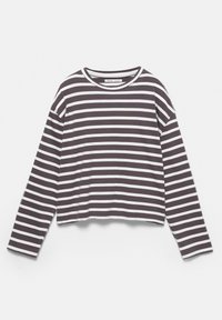 Langsleeve T-shirt in donkergrijs met witte horizontale strepen, voorzien van een ronde hals en een relaxte pasvorm. Zacht katoen met een fijne textuur.