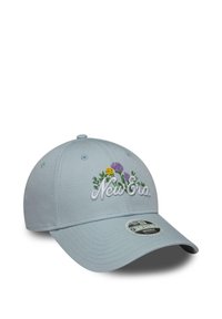 Light blue baseball cap with an embroidered floral design and "New Era" text in white. Features a curved visor and adjustable strap.