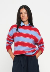 Pullover a righe rosse e azzurro chiaro realizzato in un tessuto morbido, con maniche lunghe e una vestibilità rilassata, col collo rotondo e polsini a costine.