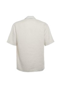 Korte mouwen, lichtbeige linnen shirt met een zachte textuur, open kraag en een relaxte pasvorm. Beschikt over een rechte zoom en minimale stikseldetails.