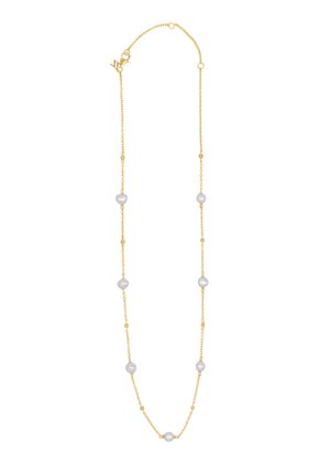 Gold chain necklace with evenly spaced round white pearls and a lobster clasp closure.
