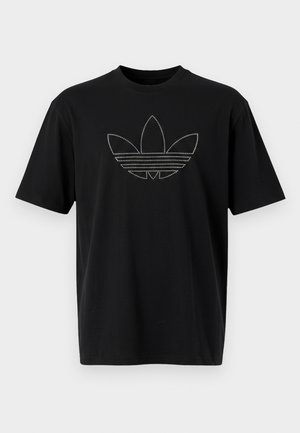 Zwarte katoenen T-shirt met een groot, omrand Adidas-logo met horizontale lijnen in een reflecterend materiaal op de voorkant. Korte mouwen.