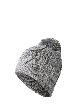 Cappello invernale spesso grigio lavorato a maglia con motivo a treccia e pon pon in cima.