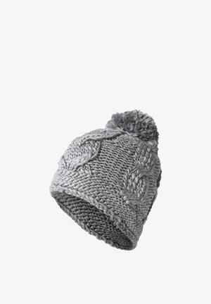 Cappello invernale spesso grigio lavorato a maglia con motivo a treccia e pon pon in cima.