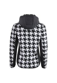 Fleecejacke mit Schwarz-Weiß-Hahnentrittmuster, gesteppten schwarzen Ärmeln und Kapuze; weiche Textur und taillierte Passform.