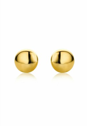 Coppia di piccoli orecchini a bottone sferici d’oro lucido con superfici lisce e riflettenti su sfondo bianco.
