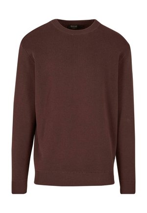 Brauner Strickpullover mit runden Ausschnitt und langen Ärmeln, mit gerippten Bündchen und Saum für zusätzlichen Textur und Komfort.