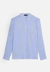 Camicia a righe blu e bianche, con colletto a punta, maniche lunghe e taschino sul lato sinistro del petto. Il tessuto appare liscio.
