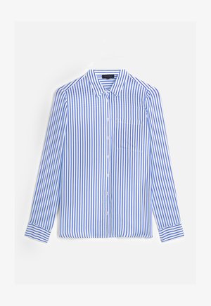 Blauw-wit gestreepte overhemd met knopen, een puntige kraag, lange mouwen en een borstzakje aan de linkerkant. De stof lijkt glad te zijn.