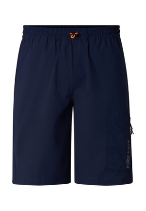 Granatowe męskie spodenki kąpielowe z elastycznym pasem, pomarańczowym sznurkiem, boczną kieszenią na zamek oraz logo "FIRE + ICE" na prawej nodze.