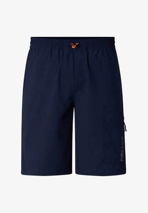 Granatowe męskie spodenki kąpielowe z elastycznym pasem, pomarańczowym sznurkiem, boczną kieszenią na zamek oraz logo "FIRE + ICE" na prawej nodze.