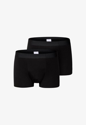 Zwei schwarze Boxer-Briefs für Männer mit breiten elastischen Taillenbändern, nebeneinander auf einem weißen Hintergrund präsentiert.