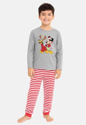 Grauere Langarm-Pyjama-Oberteil mit einem Cartoon-Design von Mickey und Pluto. Rote und weiße gestreifte Pyjama-Hosen mit roten Bündchen.