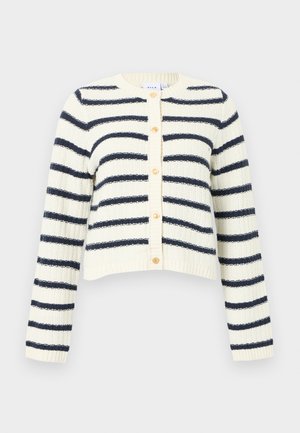 Gebreid vest met roomwitte en marineblauwe strepen, ronde hals, korte lengte, knoopsluiting aan de voorkant en geribbelde manchetten en zoom.