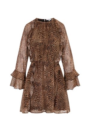 Brun leopardprintet kjole med lange ærmer, flæsedetaljer på ærmer og talje, rund halsudskæring og udslåede manchetter.