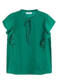 Blouse verte  à manches courtes en tissu lisse, dotée d'un col rond avec un lien et des accents à volants le long des épaules et des côtés.