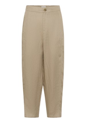 Pantalon beige taille haute raccourci avec fermeture à boutons et poches latérales, fabriqué en tissu léger texturé.
