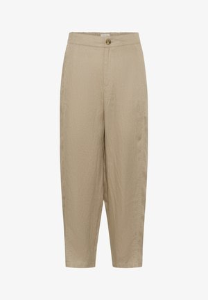 Béžové krátke nohavice s vysokým pásom, s gombíkovým zapínaním a bočnými vreckami, vyrobené z textúrovaného ľahkého materiálu.