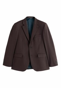 Bruine blazer met een gestructureerd ontwerp, met notch-lapels, voorzakken en een contrasterende teal binnenvoering. Voorzien van twee knopen en vier knopen bij de mouwen.